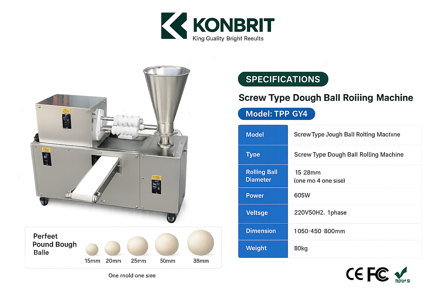 KONBRIT Automatic Spiral Dough Rounding Machine for Bun, Bread & Tangyuan