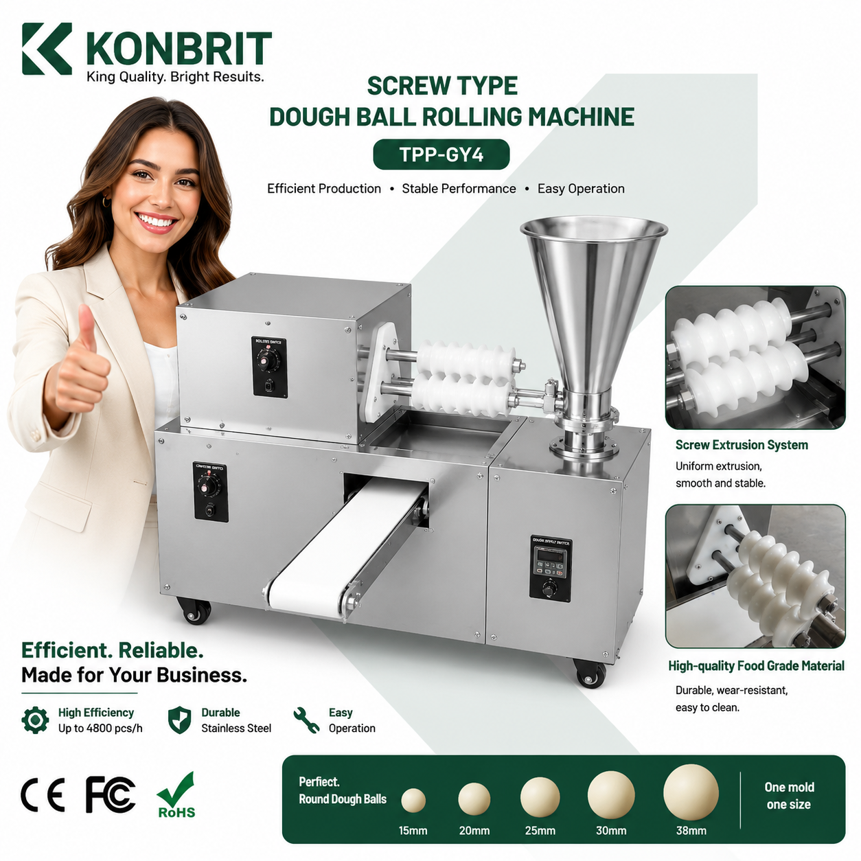 KONBRIT Automatic Spiral Dough Rounding Machine for Bun, Bread & Tangyuan