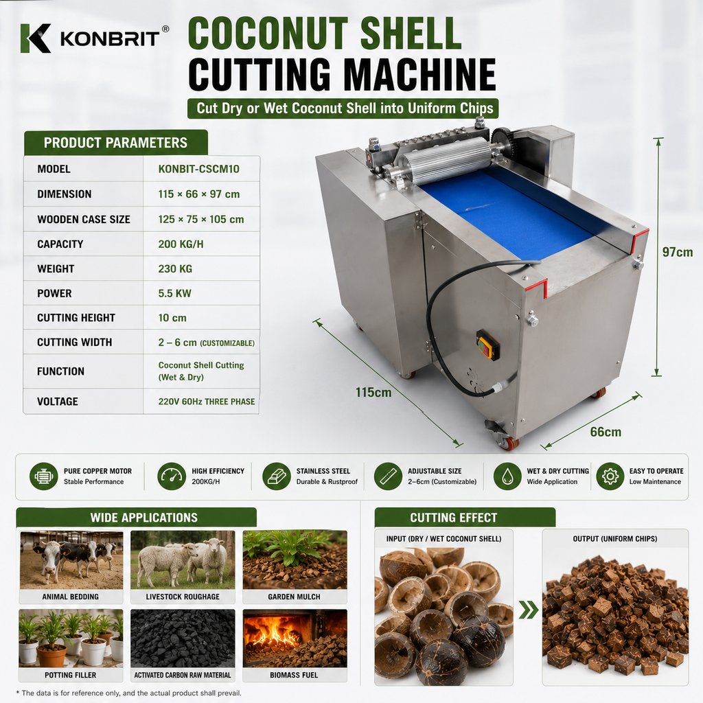 KONBRIT coconut shell cutting machine parameter sheet model KONBIT CSCM10 with 5.5 kW power