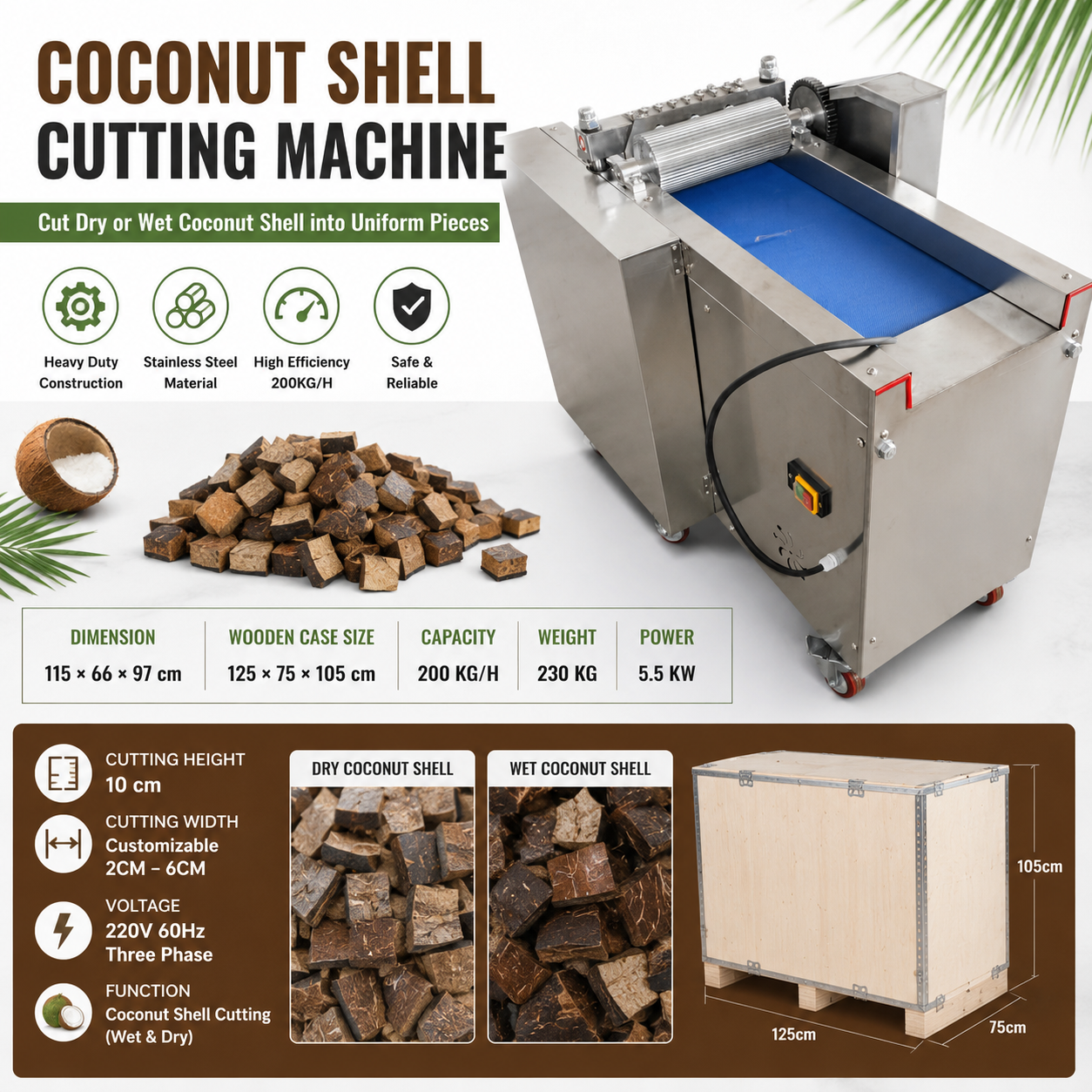 KONBRIT coconut shell cutting machine for dry and wet shell chips with 200 kg per hour capacity