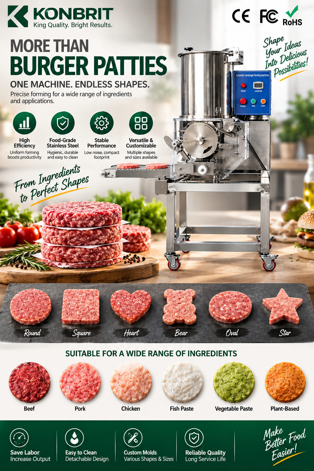 KONBRIT automatic patty forming machine shapes and ingredients